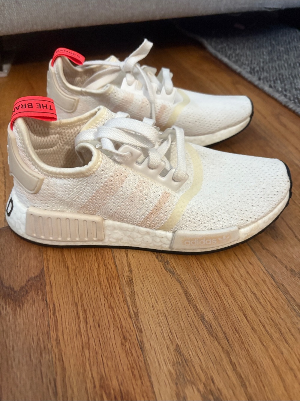adidas NMD R-1 Cream White Sneakers with orange pull tab